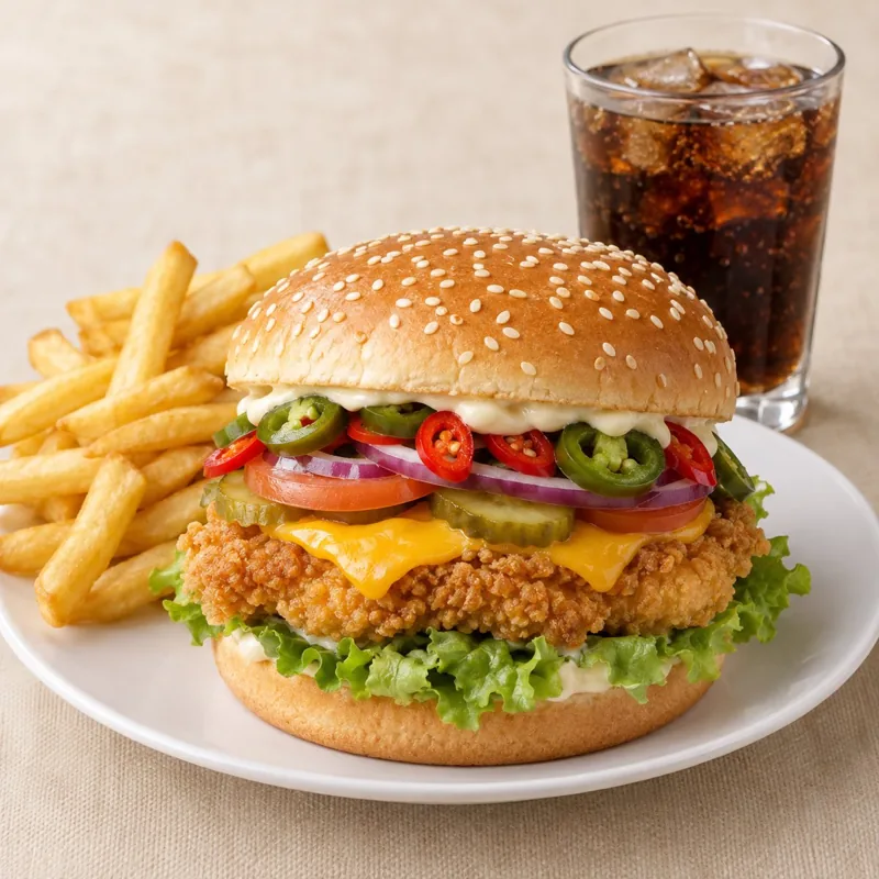 Crispy Chicken Flamatt Chili Cheese Burger Menü