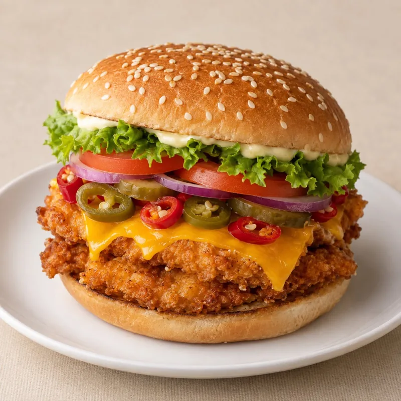 Crispy Chicken Flamatt Chili Cheese Burger